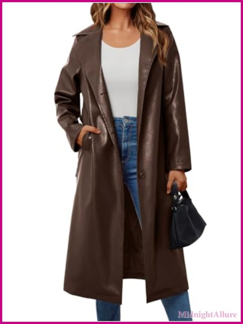 PU Faux Leather Long Trench Coat with Belt Knee Length